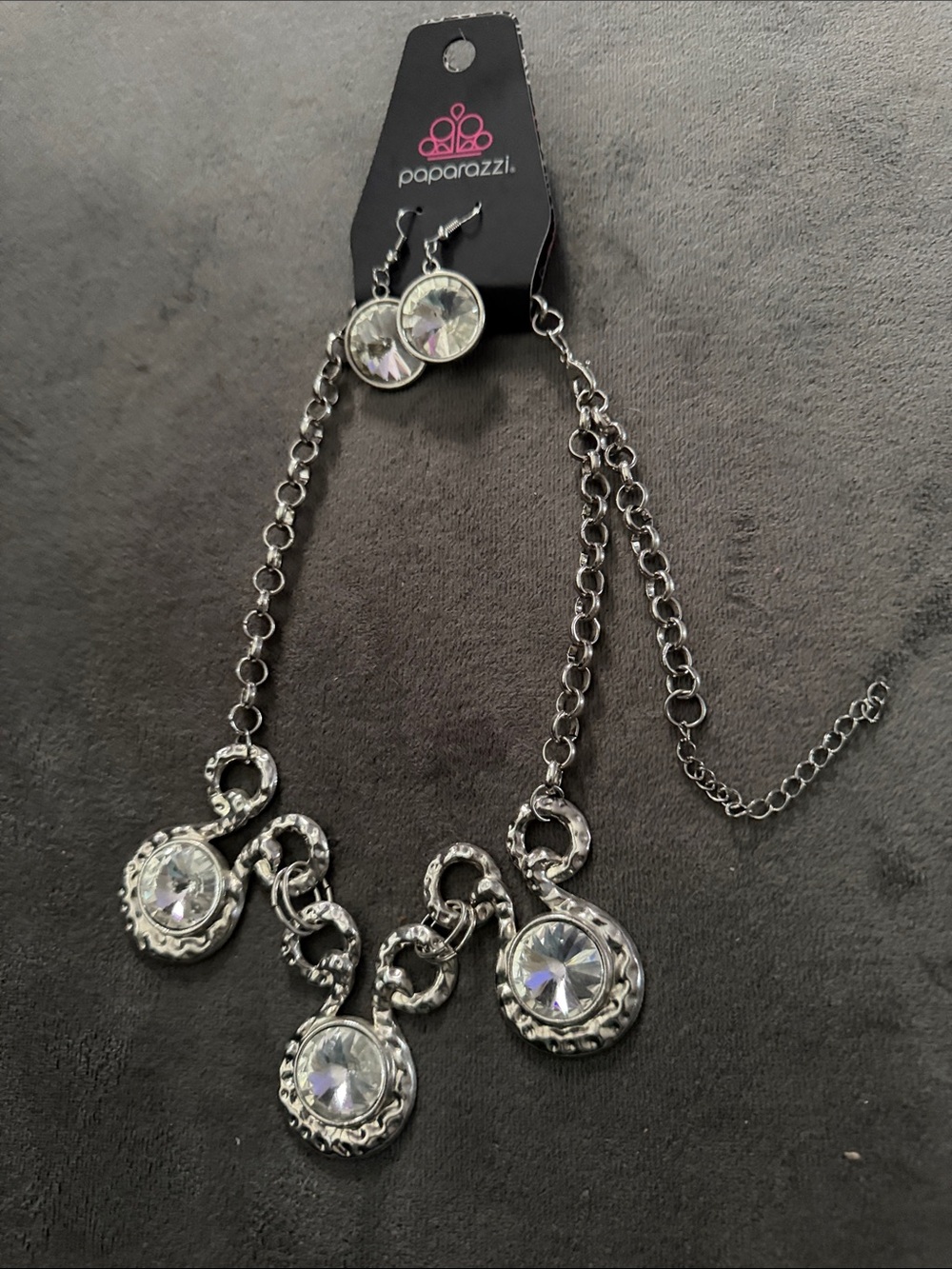 paparazzi Silver Crystal Drop Trio Necklace and Earring Set